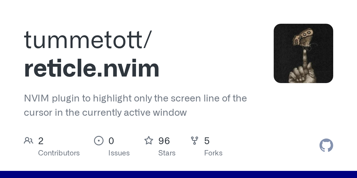 GitHub - tummetott/reticle.nvim: NVIM plugin to highlight only the screen line of the cursor in the currently active window